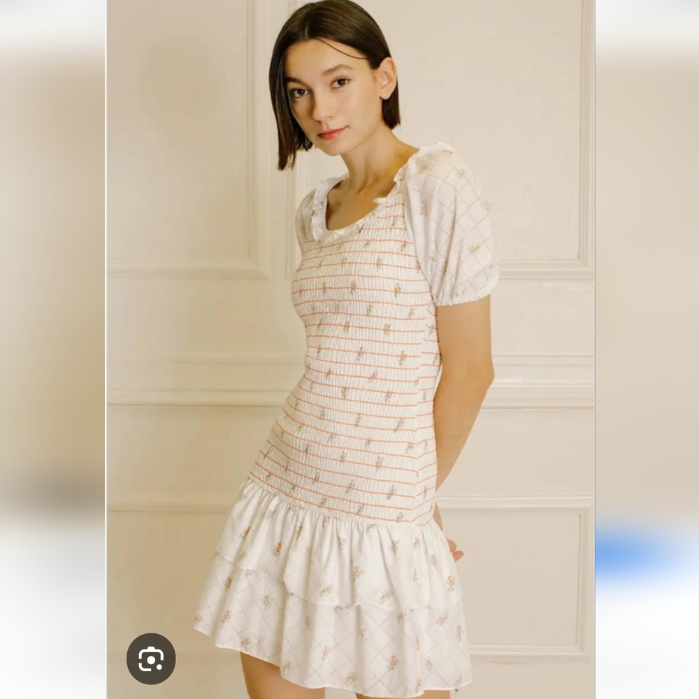 Sweet En Forme White Floral Ruched Mini Dress Smocked Cottagecore  NWT